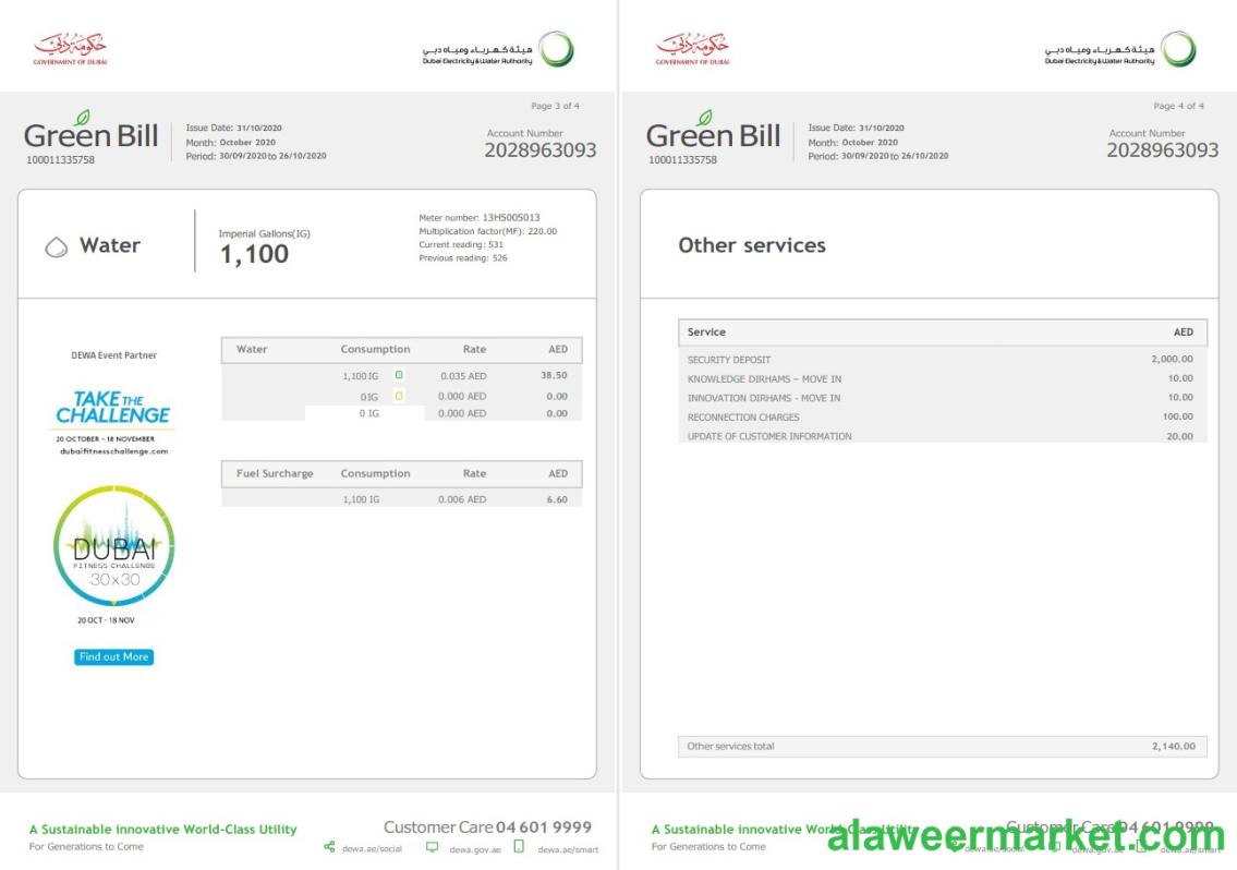 United Arab Emirates Dubai Electricity & Water Authority utility bill template in Word and PDF format (4 pages) 3 4